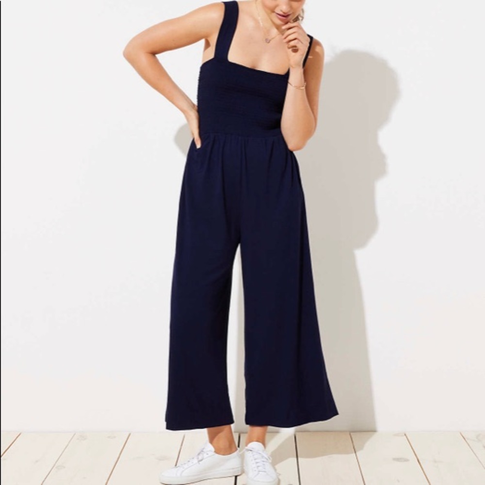 Loft Navy “Smocked Wide Leg” Jumpsuit S